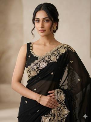Soft Space Silk Embroidered Black Color Women's Saree With Blouse  2