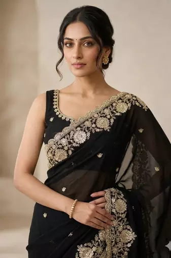 Soft Space Silk Embroidered Black Color Women's Saree With Blouse 