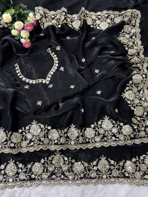 Soft Space Silk Embroidered Black Color Women's Saree With Blouse  3