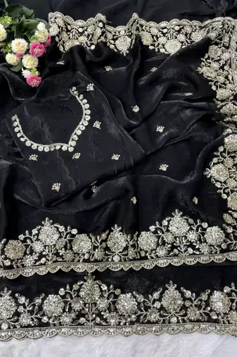 Soft Space Silk Embroidered Black Color Women's Saree With Blouse 