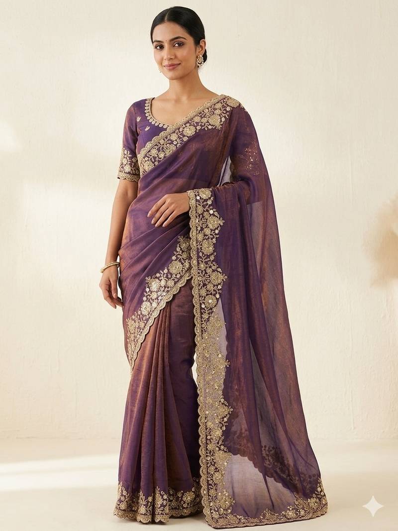 Embroidered Soft Space Silk Purple Color Saree With Blouse Set For Women's