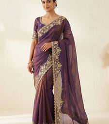 Embroidered Soft Space Silk Purple Color Saree With Blouse Set For Women's