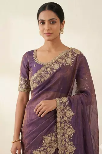 Embroidered Soft Space Silk Purple Color Saree With Blouse Set For Women's