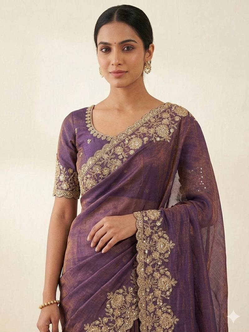 Embroidered Soft Space Silk Purple Color Saree With Blouse Set For Women's