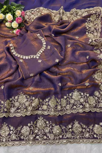 Embroidered Soft Space Silk Purple Color Saree With Blouse Set For Women's