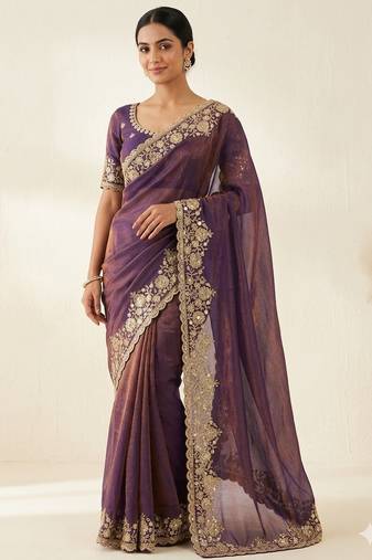 Embroidered Soft Space Silk Purple Color Saree With Blouse Set For Women's