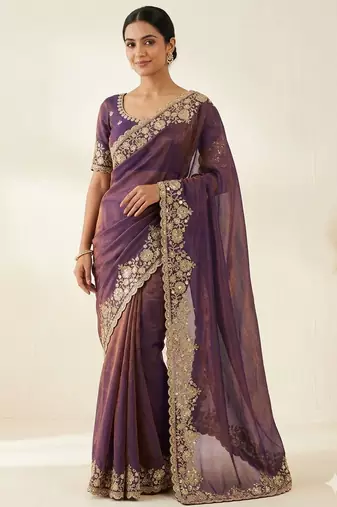 Embroidered Soft Space Silk Purple Color Saree With Blouse Set For Women's
