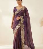 Embroidered Soft Space Silk Purple Color Saree With Blouse Set For Women's