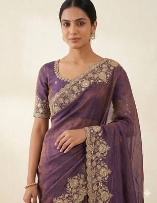 Embroidered Soft Space Silk Purple Color Saree With Blouse Set For Women's 2