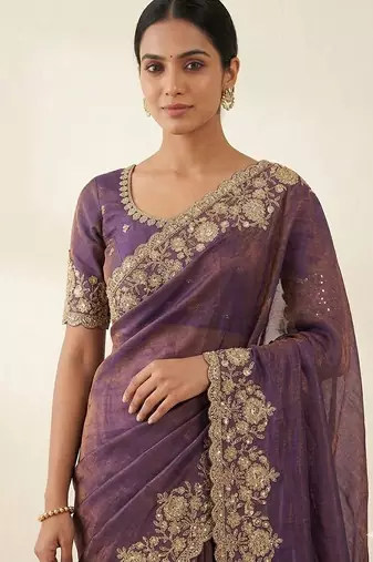 Embroidered Soft Space Silk Purple Color Saree With Blouse Set For Women's
