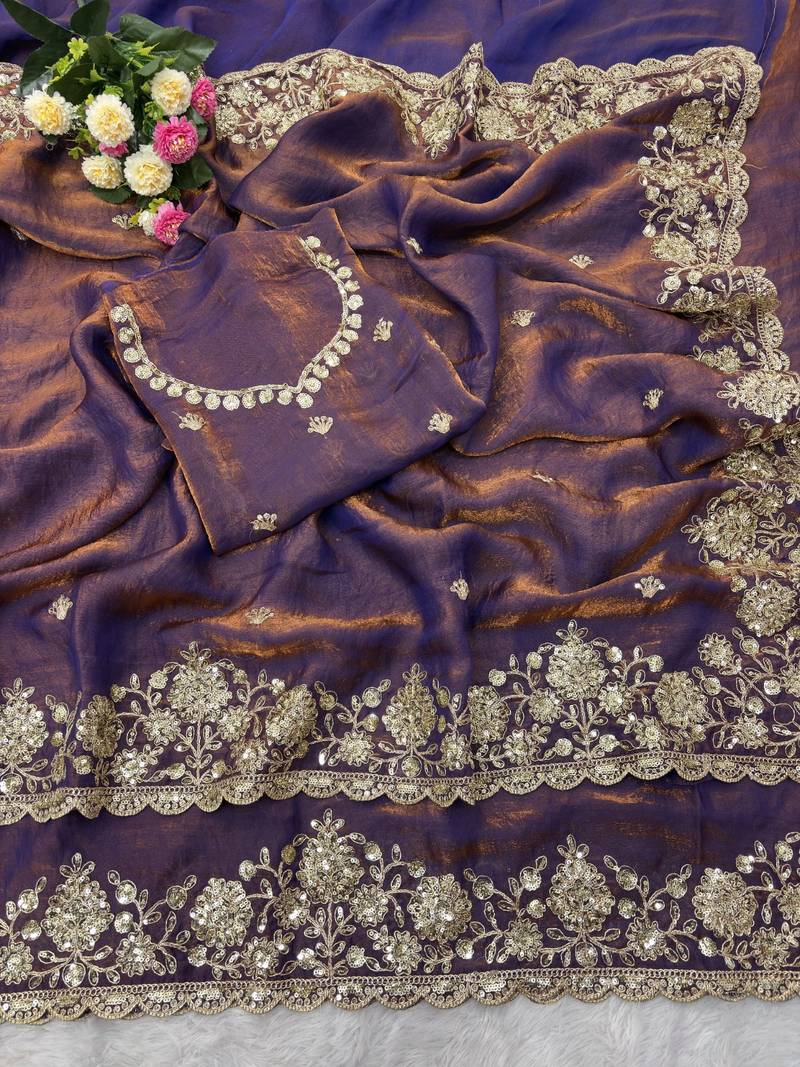 Embroidered Soft Space Silk Purple Color Saree With Blouse Set For Women's