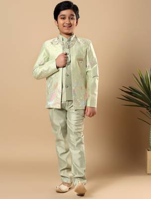 Boys pista green cotton silk floral vine embroidered sherwani trouser set with jacket & necklace 1