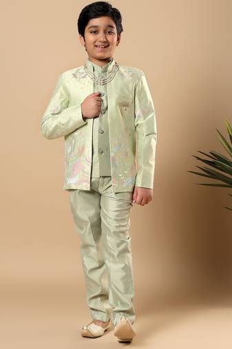 Boys pista green cotton silk floral vine embroidered sherwani trouser set with jacket & necklace