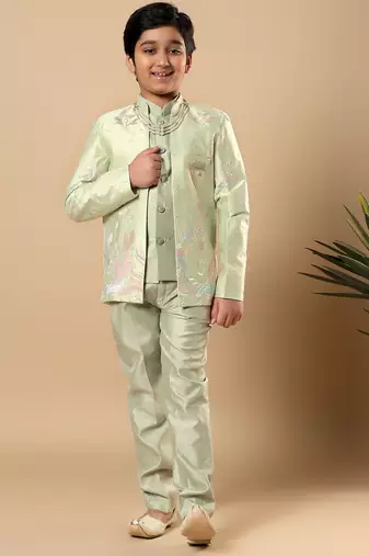Boys pista green cotton silk floral vine embroidered sherwani trouser set with jacket & necklace