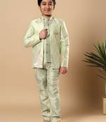 Boys pista green cotton silk floral vine embroidered sherwani trouser set with jacket & necklace