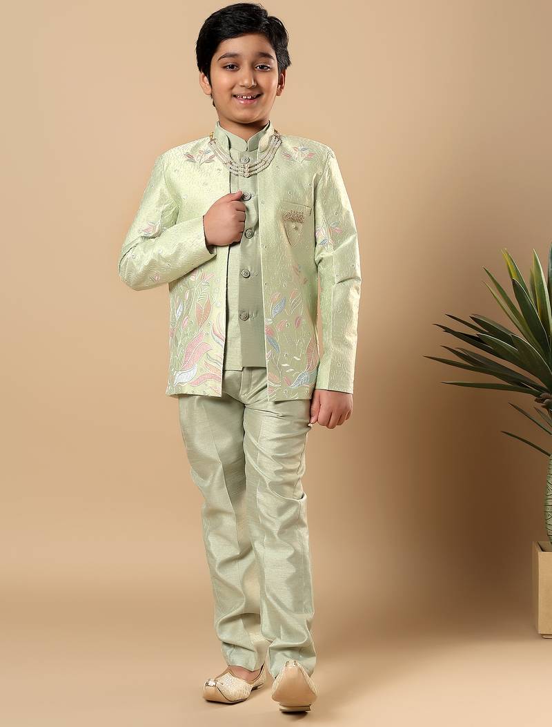 Boys pista green cotton silk floral vine embroidered sherwani trouser set with jacket & necklace