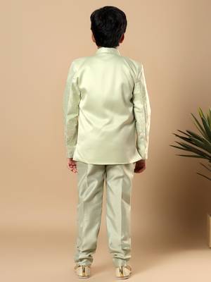 Boys pista green cotton silk floral vine embroidered sherwani trouser set with jacket & necklace 2
