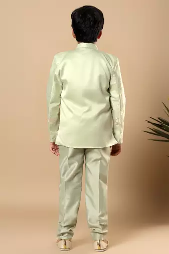 Boys pista green cotton silk floral vine embroidered sherwani trouser set with jacket & necklace