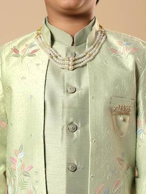 Boys pista green cotton silk floral vine embroidered sherwani trouser set with jacket & necklace 3
