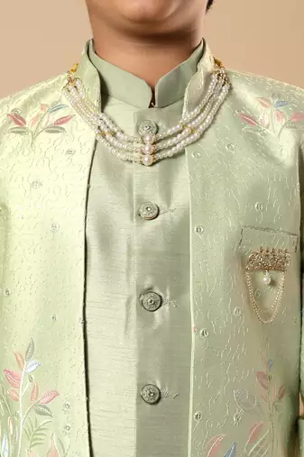 Boys pista green cotton silk floral vine embroidered sherwani trouser set with jacket & necklace