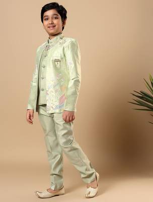 Boys pista green cotton silk floral vine embroidered sherwani trouser set with jacket & necklace 4