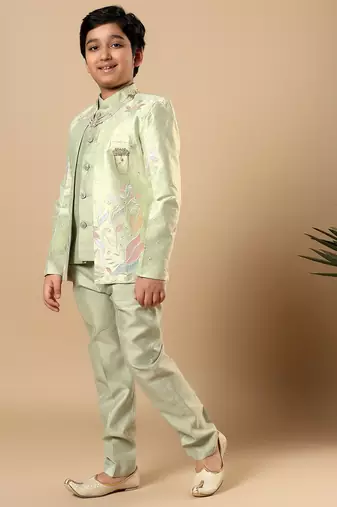 Boys pista green cotton silk floral vine embroidered sherwani trouser set with jacket & necklace