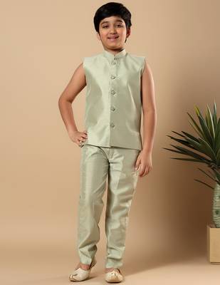 Boys pista green cotton silk floral vine embroidered sherwani trouser set with jacket & necklace 5