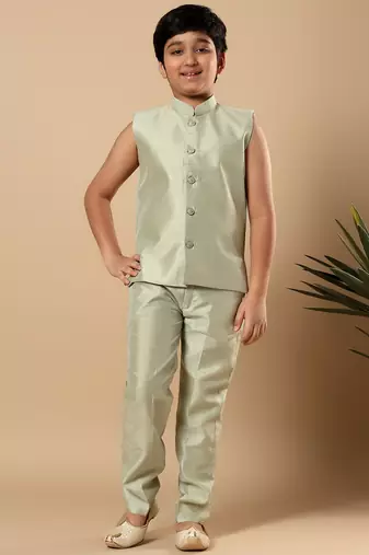 Boys pista green cotton silk floral vine embroidered sherwani trouser set with jacket & necklace