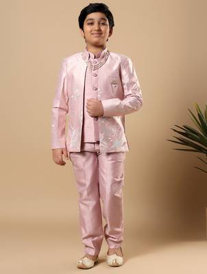 Boys onion pink cotton silk floral vine embroidered sherwani trouser set with jacket & necklace 1