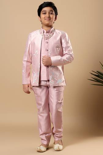 Boys onion pink cotton silk floral vine embroidered sherwani trouser set with jacket & necklace