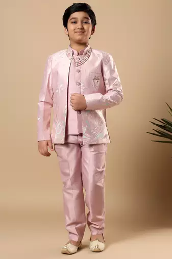 Boys onion pink cotton silk floral vine embroidered sherwani trouser set with jacket & necklace