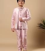 Boys onion pink cotton silk floral vine embroidered sherwani trouser set with jacket & necklace