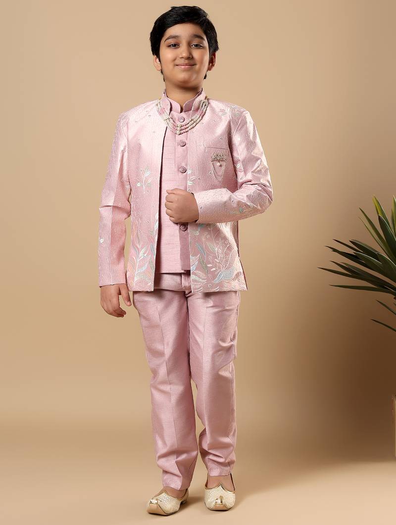 Boys onion pink cotton silk floral vine embroidered sherwani trouser set with jacket & necklace