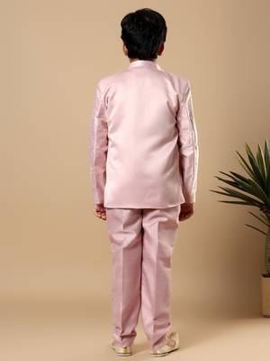 Boys onion pink cotton silk floral vine embroidered sherwani trouser set with jacket & necklace 2