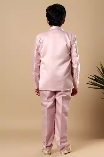 Boys onion pink cotton silk floral vine embroidered sherwani trouser set with jacket & necklace