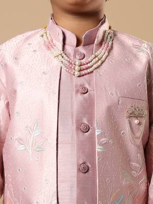 Boys onion pink cotton silk floral vine embroidered sherwani trouser set with jacket & necklace 3