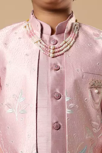 Boys onion pink cotton silk floral vine embroidered sherwani trouser set with jacket & necklace