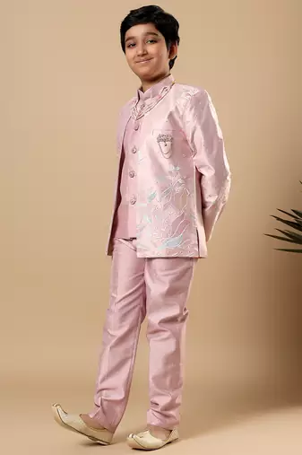 Boys onion pink cotton silk floral vine embroidered sherwani trouser set with jacket & necklace