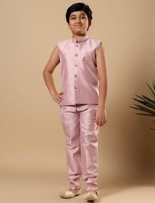 Boys onion pink cotton silk floral vine embroidered sherwani trouser set with jacket & necklace 5