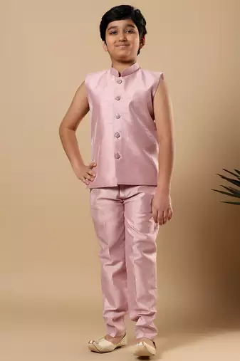 Boys onion pink cotton silk floral vine embroidered sherwani trouser set with jacket & necklace