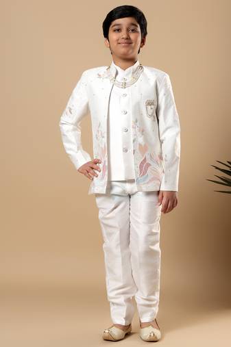 Boys white cotton silk floral vine embroidered sherwani trouser set with jacket & necklace