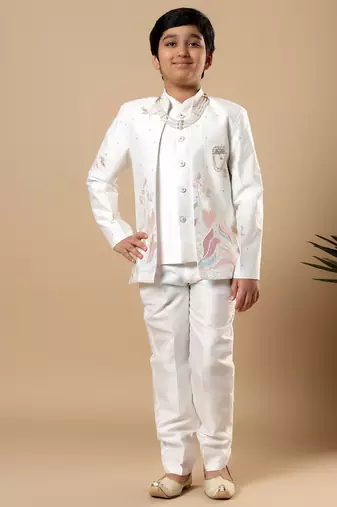 Boys white cotton silk floral vine embroidered sherwani trouser set with jacket & necklace