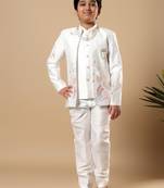 Boys white cotton silk floral vine embroidered sherwani trouser set with jacket & necklace
