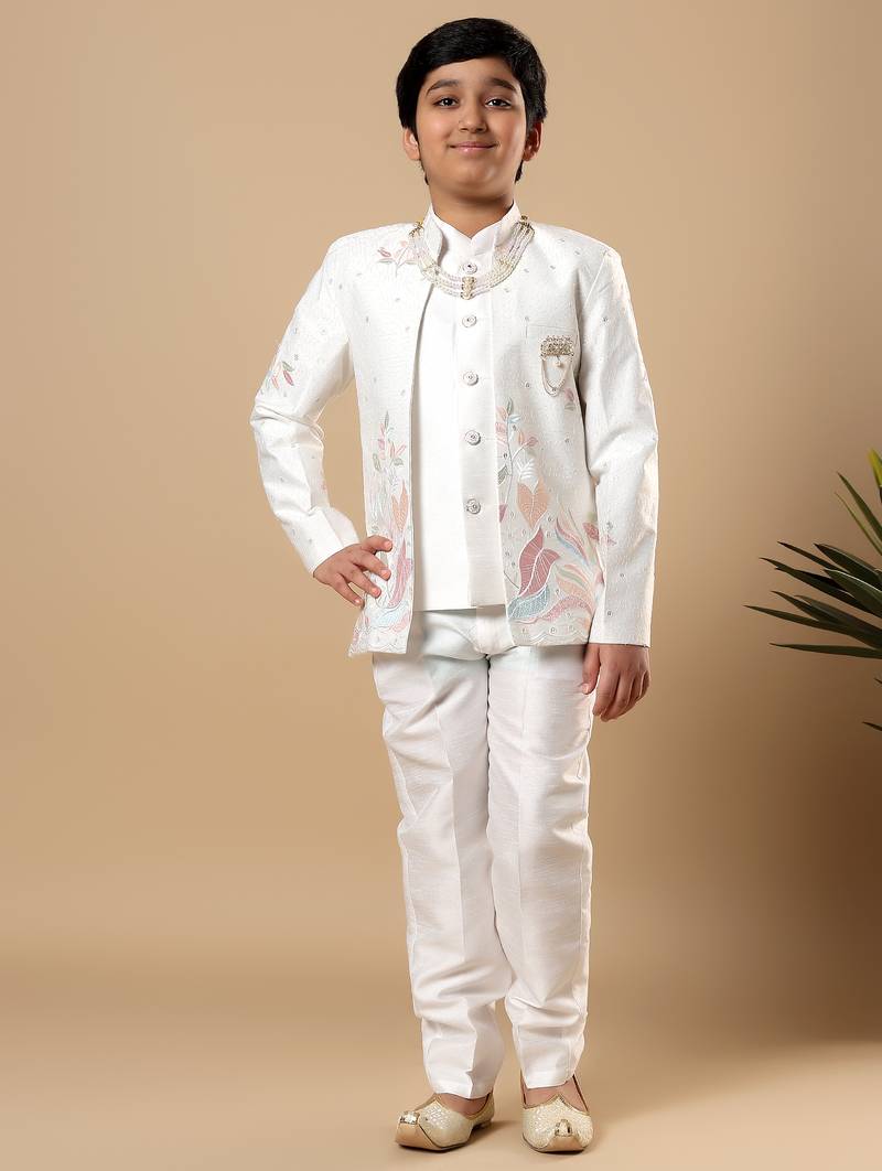 Boys white cotton silk floral vine embroidered sherwani trouser set with jacket & necklace