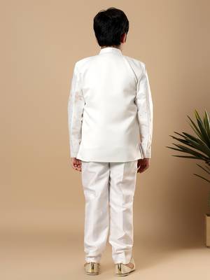 Boys white cotton silk floral vine embroidered sherwani trouser set with jacket & necklace 2