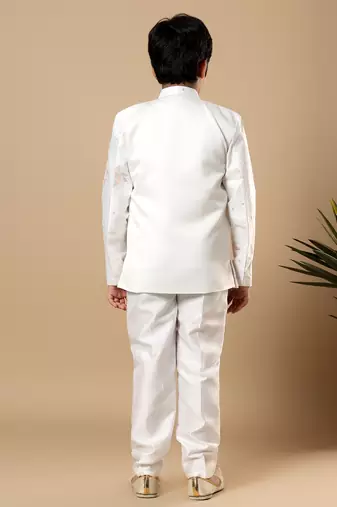 Boys white cotton silk floral vine embroidered sherwani trouser set with jacket & necklace