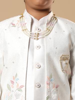 Boys white cotton silk floral vine embroidered sherwani trouser set with jacket & necklace 3