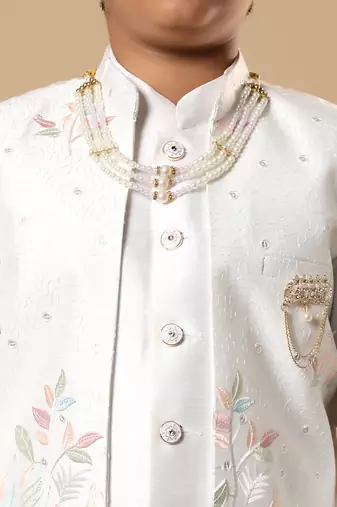 Boys white cotton silk floral vine embroidered sherwani trouser set with jacket & necklace