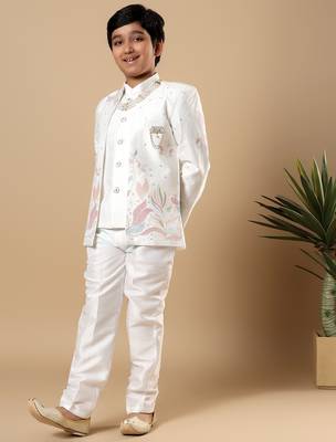 Boys white cotton silk floral vine embroidered sherwani trouser set with jacket & necklace 4