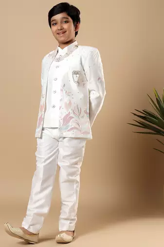 Boys white cotton silk floral vine embroidered sherwani trouser set with jacket & necklace